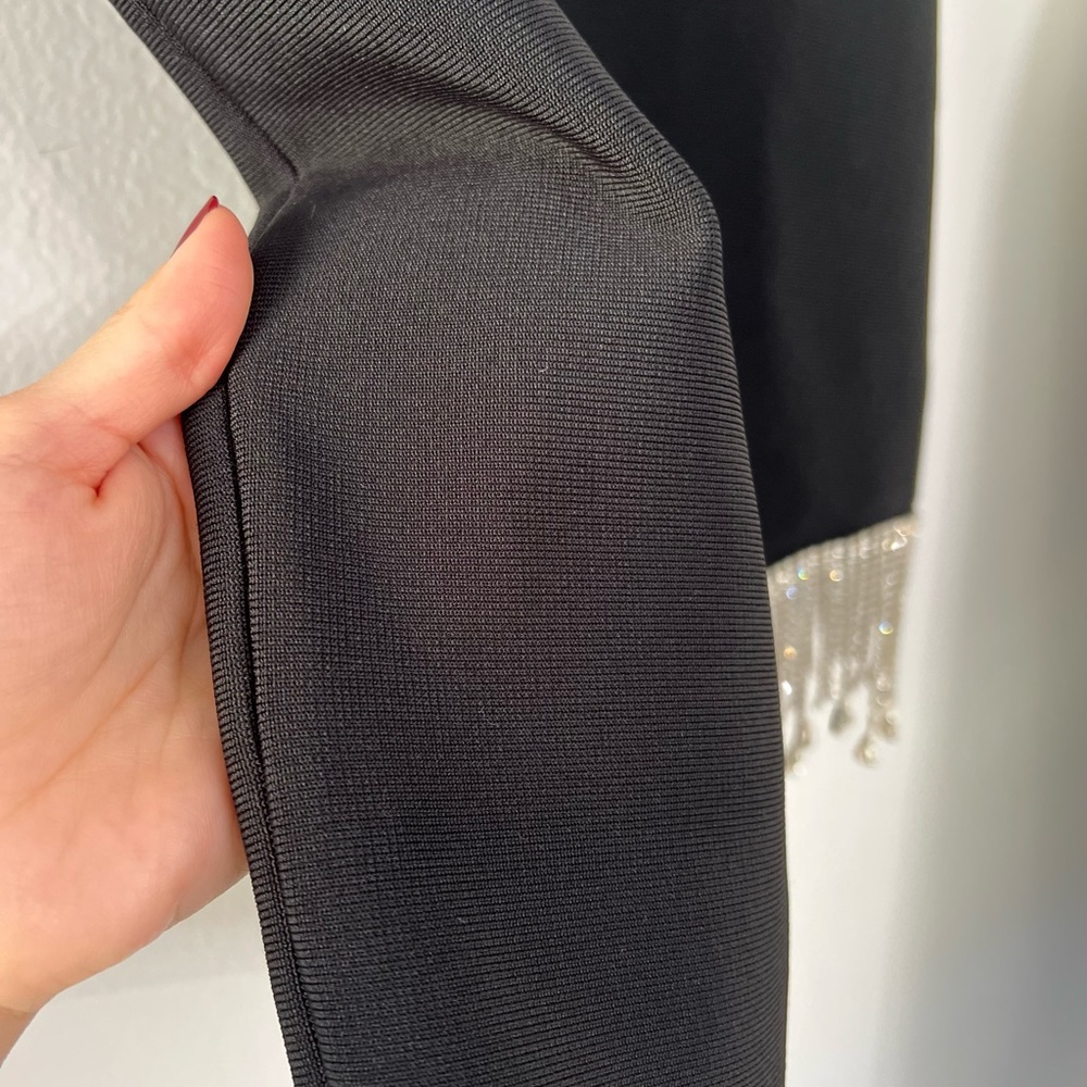 Black Mock-Neck Bandage Bodycon Mini Dress with Rhinestone detail on right side - Picture 10 of 11